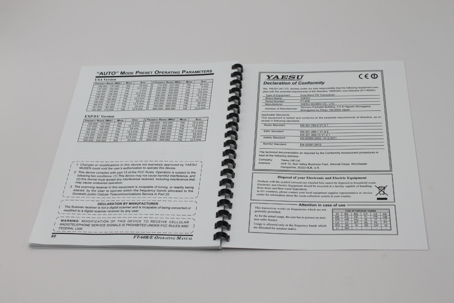 Yaesu FT-60R/E Instruction Operating Manual 84 Pages with Protective Covers